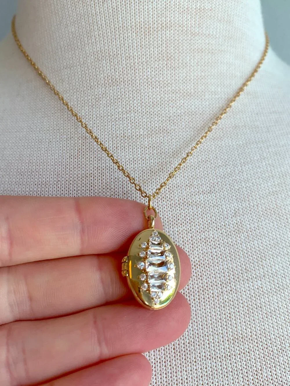 NEW ~ Anthropologie Oval CZ Baguette Gold Locket Necklace